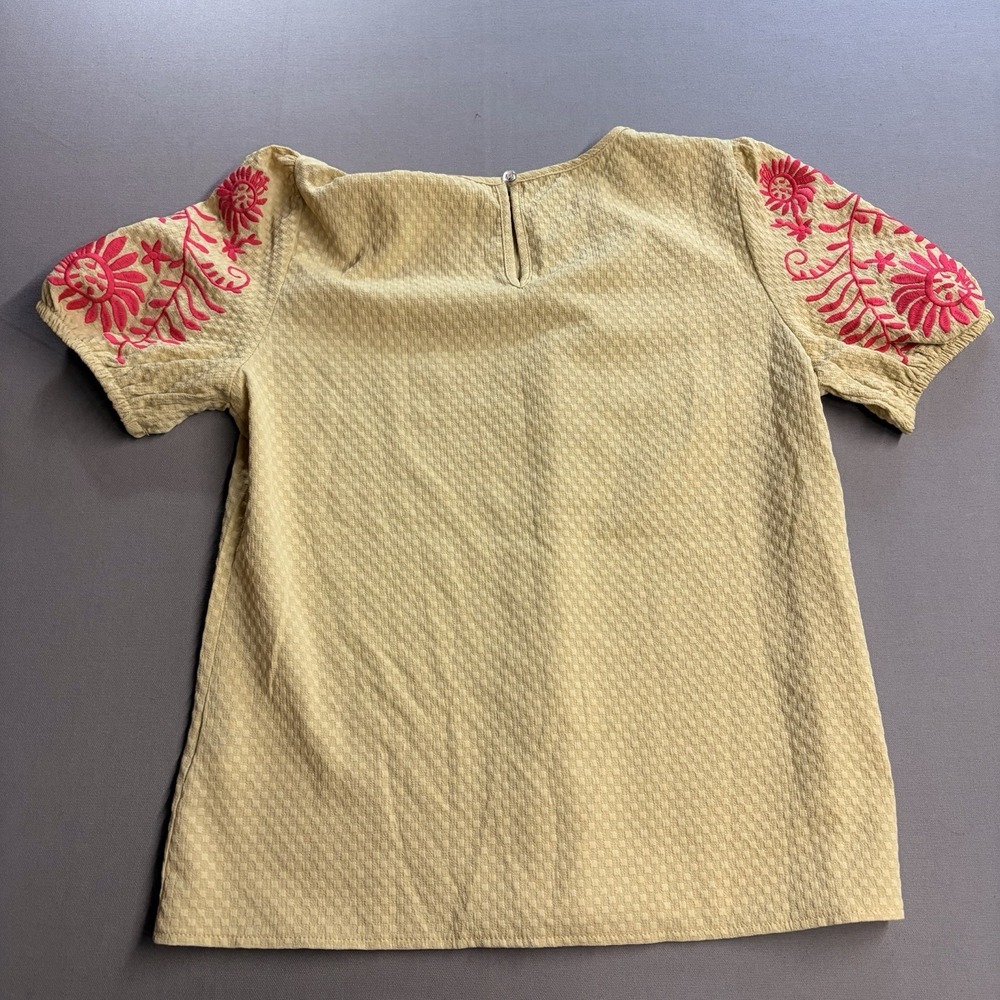 SHEIN Womens Size M Beige Embroidered Puff Sleeve Blouse Pink Floral Textured